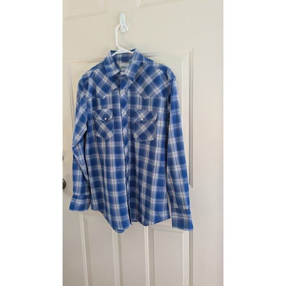 Wrangler Wrancher Blue Plaid Pearl Snap Button Down Shirt, Medium, Vintage - Picture 4 of 9